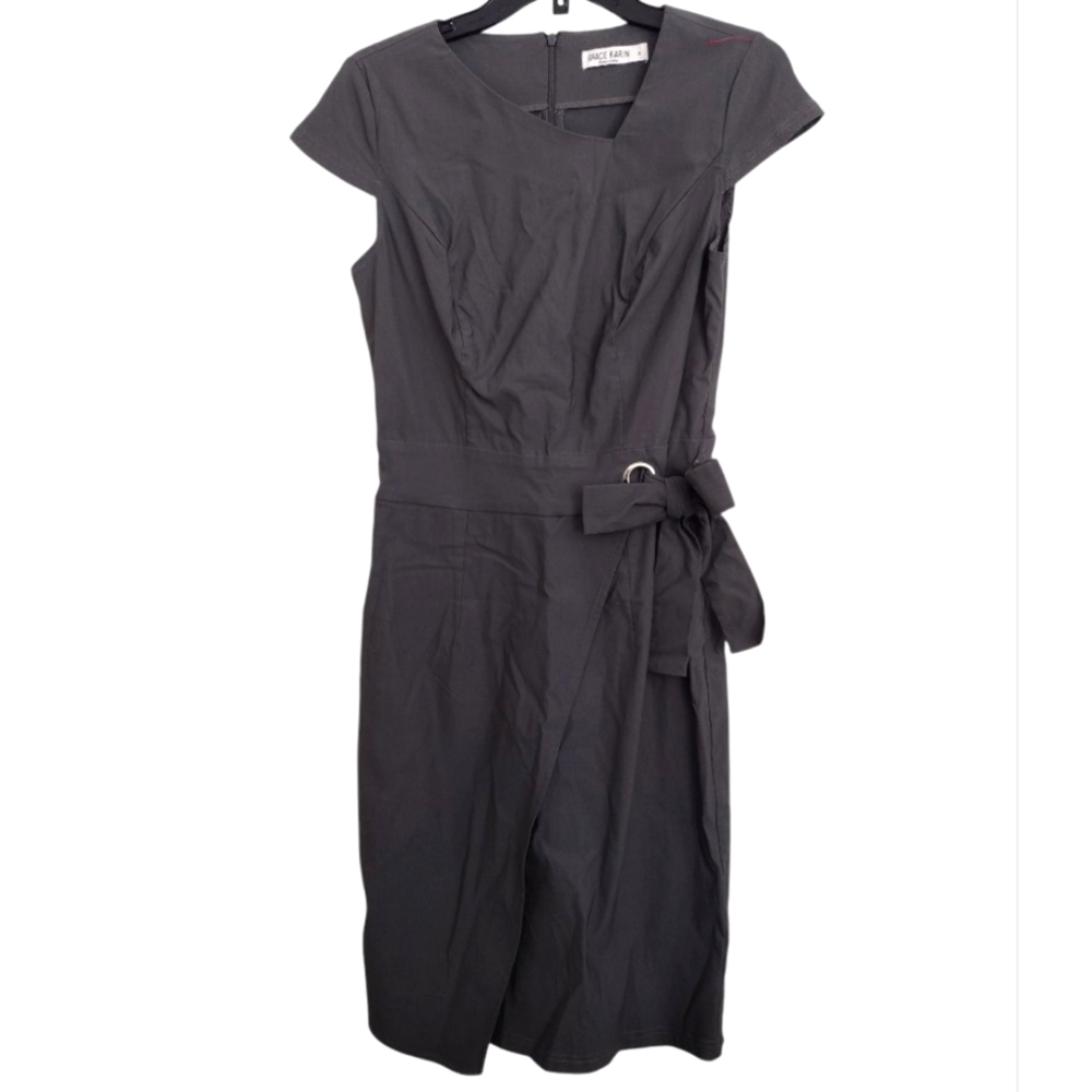 Grace Karin Charcoal Grey Bodycon Midi Dress With Bow Asymmetrical Top Medium